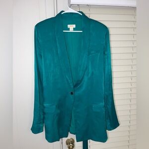 Maeve Anthropologie Teal Blue Blazer Womens Size Large Silky Material Back Tie